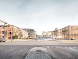 Visualisation de l'accès au futur campus «co-operate» depuis la Überlandstrasse avec le nouveau parking sur la droite.