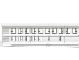 La façade sud du bâtiment provisoire de la Police mobile, construit à Loveresse (BE) en 2025 dans le cadre du projet Avenir Berne romande, se distinguera par sa construction légère en bois et son concept énergétique maximal.