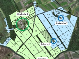 Le secteur vert représente la superficie agricole future de l’établissement. Le bleu correspond aux terrains restitués à l’Office des immeubles et des constructions tandis que le noir délimite les espaces non considérés comme surface agricole utile (brise