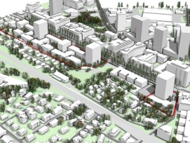 Plan d'aménagement du site de la Thurgauerstrasse avec les sous-secteurs A et C à F. A droite, en rouge se trouve l'emplacement de la tour prévue pour accueillir des appartements pour seniors.