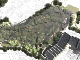 La charge totale des dix arcs en acier ainsi que du grillage de 13 500 m², d'un poids total d'environ 1400 t, reposera plus tard sur le bord de la volière.