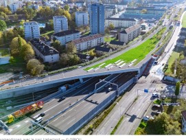Vue aérienne de la tranchée couverte de Schwamendingen et de l'Ueberlandpark, un nouvel espace vert au cœur du quartier.