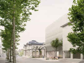La nouvelle extension, qui prendra la place de l’Atelier 5, se dévoile depuis la Waisenhausplatz.