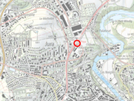 Le carrefour de Grandfey (en rouge), situé à proximité directe de la halte ferroviaire « Fribourg, Poya », sera modifié pour sécuriser la circulation et faciliter le passage des cyclistes sur la TransAgglo.