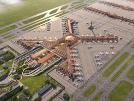 Vue aérienne du futur aéroport international de Bishoftu. Son architecture en forme de X, pensée pour optimiser les flux et réduire les distances de correspondance, illustre l’ambition de l’Éthiopie de créer l’un des plus grands hubs aériens au monde.