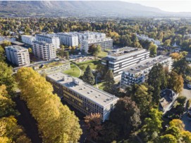 Vue aérienne actuelle du site de Battelle et de ses nouveaux bâtiments, 2021. Le récent quartier de la Tambourine a été construit juste au-dessus.