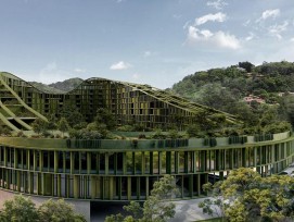 Le projet à usage mixte situé à Nuevo Cuscatlán réunit plus de 400 logements, un quartier commercial et une forêt préservée au sein d’un seul et même bâtiment hybride.