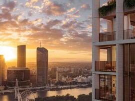 Vue sur Brisbane et la rivière Brisbane depuis les balcons de Sanctuary Residences, au coucher du soleil.