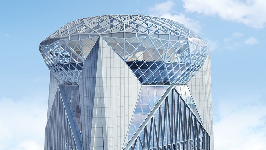 Au sommet le bâtiment aurait dû être doté d'un atrium en verre en forme de diamant haut de trois étages.