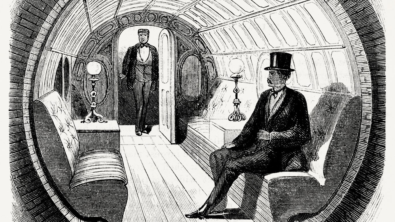Vue de l'intérieur d'un wagon du « Métro pneumatique Beach ». 400'000 trajets furent effectués durant la première année en 1870.