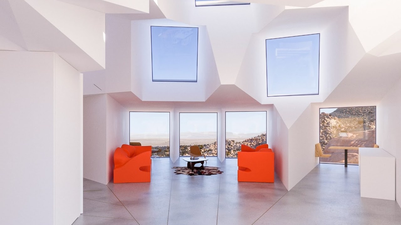 L'intérieur spacieux, illuminé et moderne avec une vue imprenable sur le désert.
